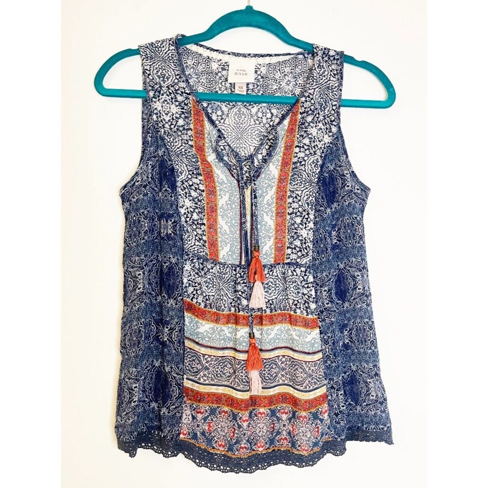 Knox Rose Boho Tassel Tank Top XS Blue Paisley Sleeveless Peasant Blouse